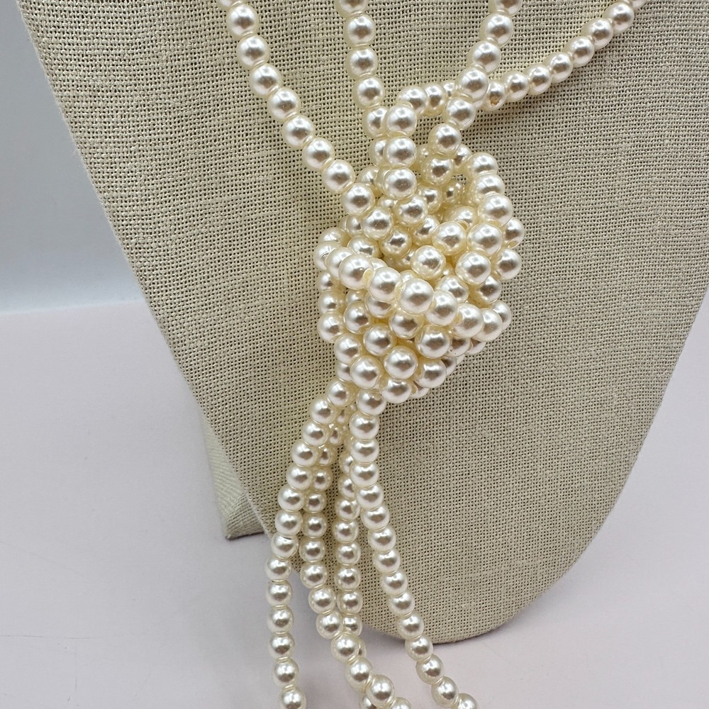 Vintage 90s Cream Faux Pearl Tassel Lariat Necklace Boho Jewelry